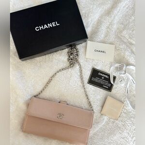 Authentic Chanel Coco Mark Sevruga Caviar Skin Flap Long Wallet On Chain Pink